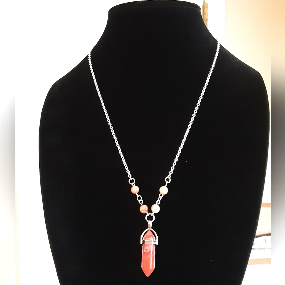 Hand Crafted Sandstone Necklace, Peach Color With Acrylic Crystal